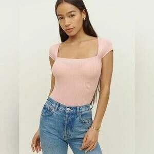Reformation Bardot Pink Ribbed Square Neck Cap Sleeve Knit Top SZ M